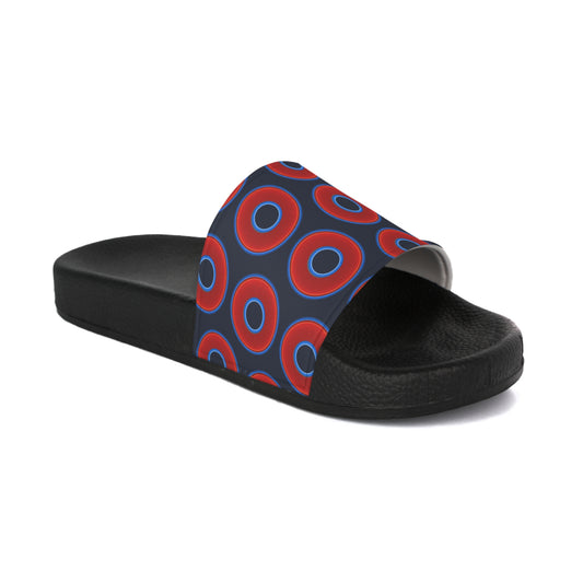 Men's Lumpy Sandals - slip-ons - red vivid donuts w/dark teal blue elite background