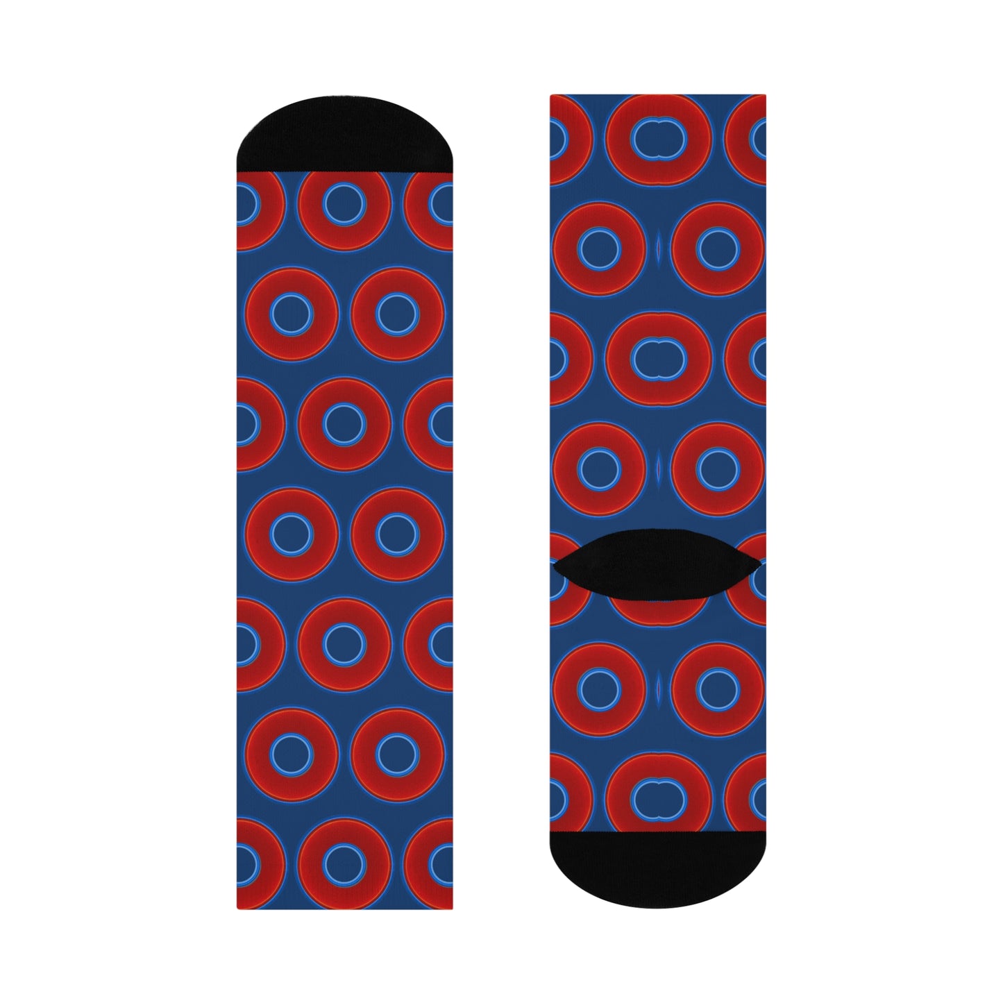 Lumpy Sox - cushioned crew - vivid red donut print w/Atlantic navy blue background