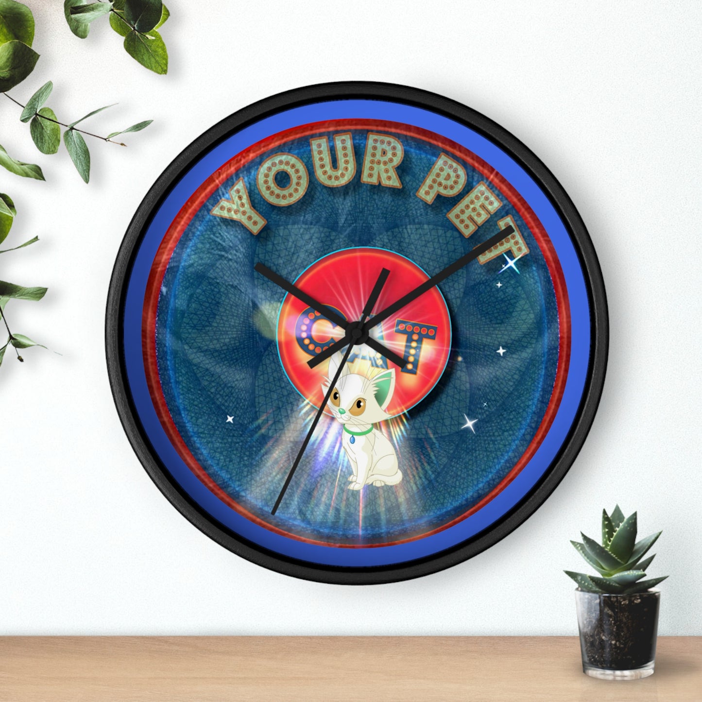 Lumpy Wall Clock - "Your Pet Donut" - red/blue symmetrical donut w/royal blue background