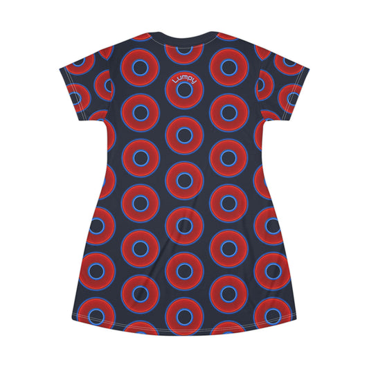 Not a Muumuu AOP Tee Shirt Dress - red vivid donuts w/dark teal blue elite background