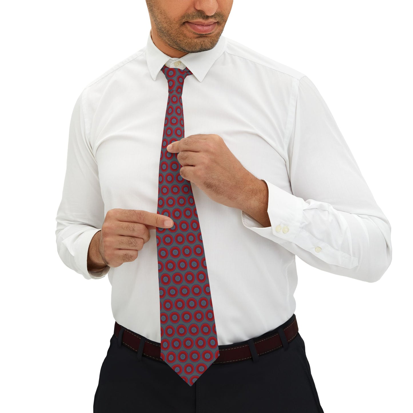 The Lumpy Necktie - vivid red donut print w/dark gray background