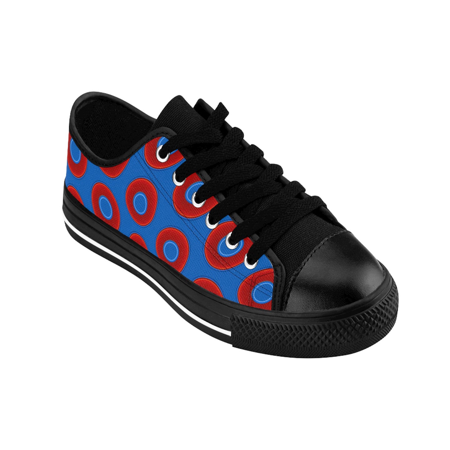 Women's Cushiony Convectors - Low Top - large red vivid donut print w/dark royal blue background