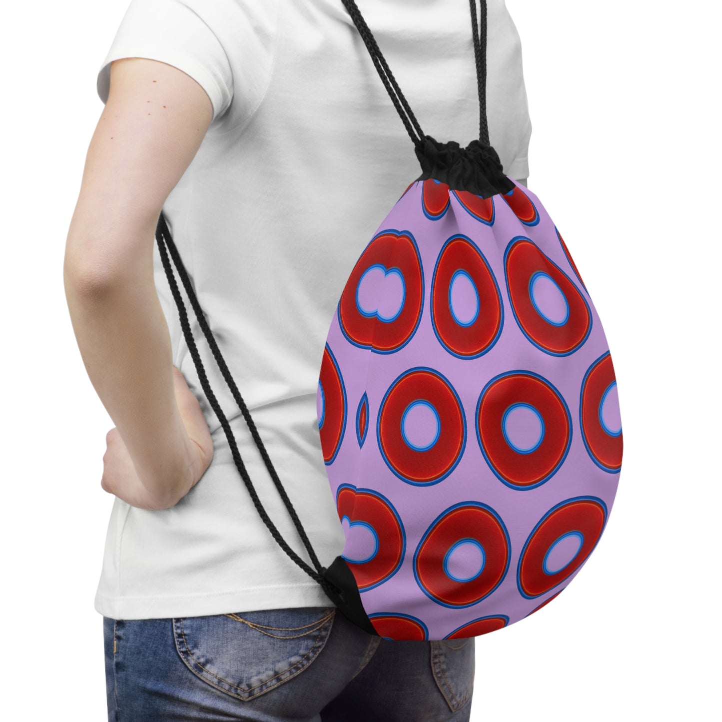 Lumpy Donut Drawstring Bag - red vivid donuts print w/wisteria purple background