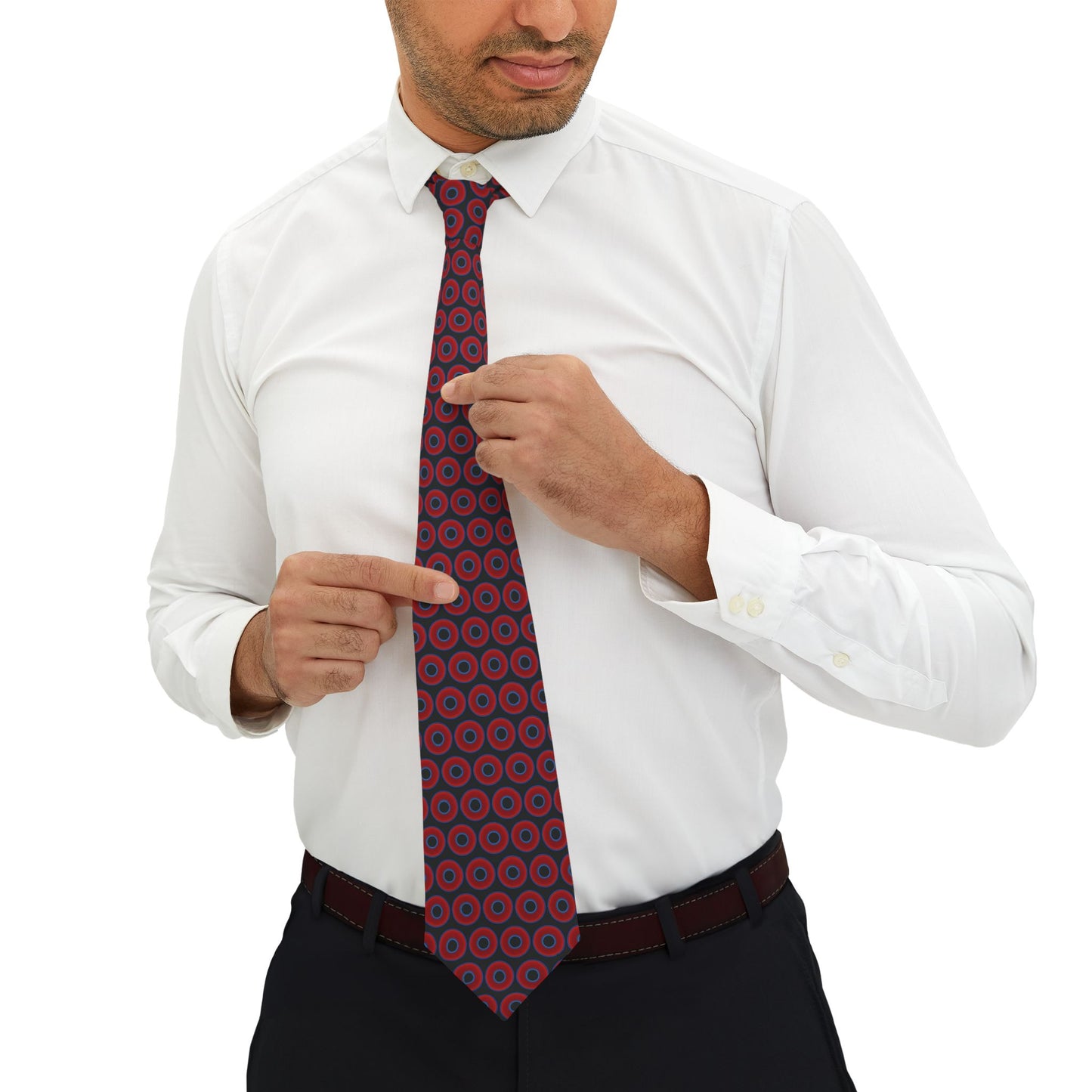 The Lumpy Necktie - vivid red donut print w/black background