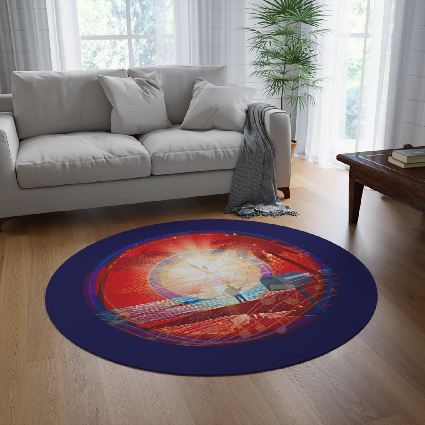 Round Room - 5 ft x 5 ft Lumpy Donut Rug - "The Velvet Cake Donut Rug" - vivid red pic donut w/navy background