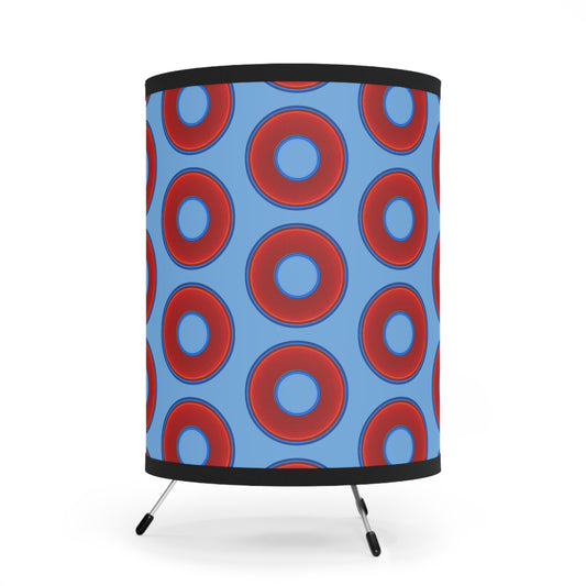 Lumpy Tripod Donut Lamp - vivid red donuts w/light blue background