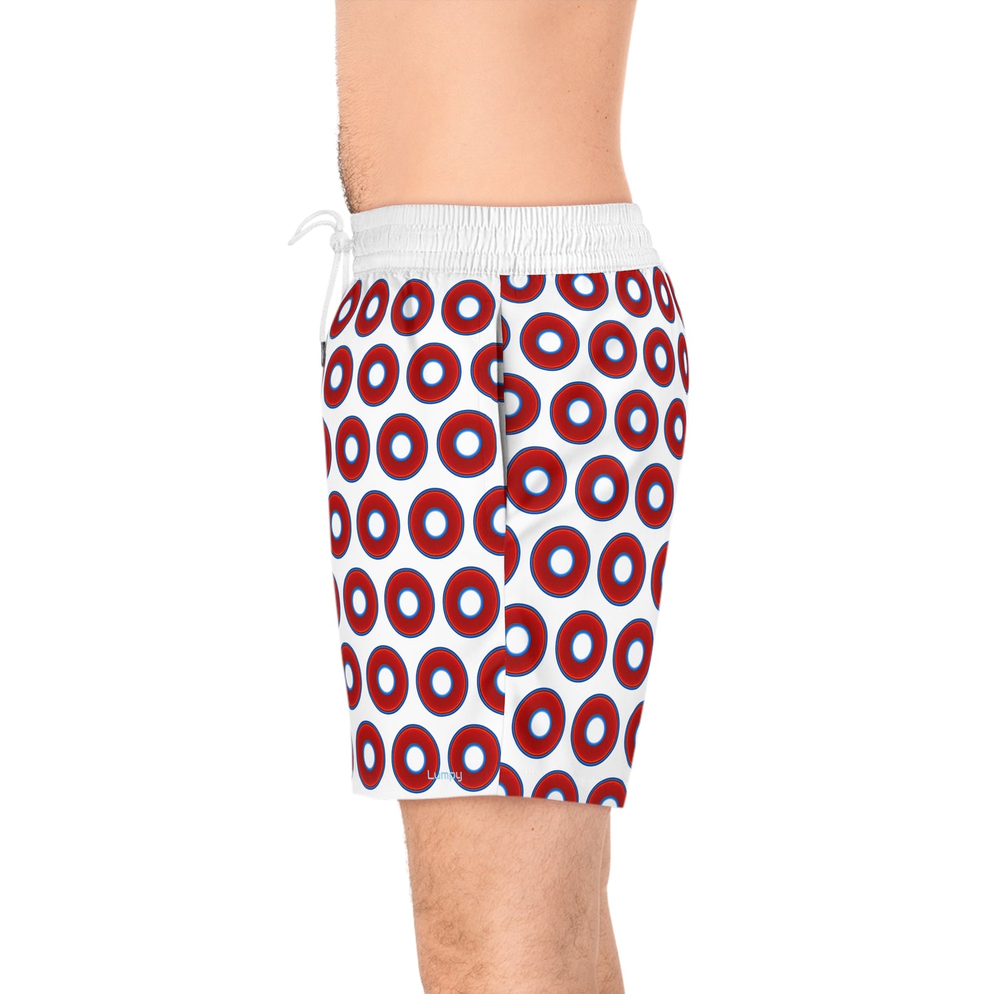 Men's Lumpy Swim Trunks - vivid red donut print w/white background