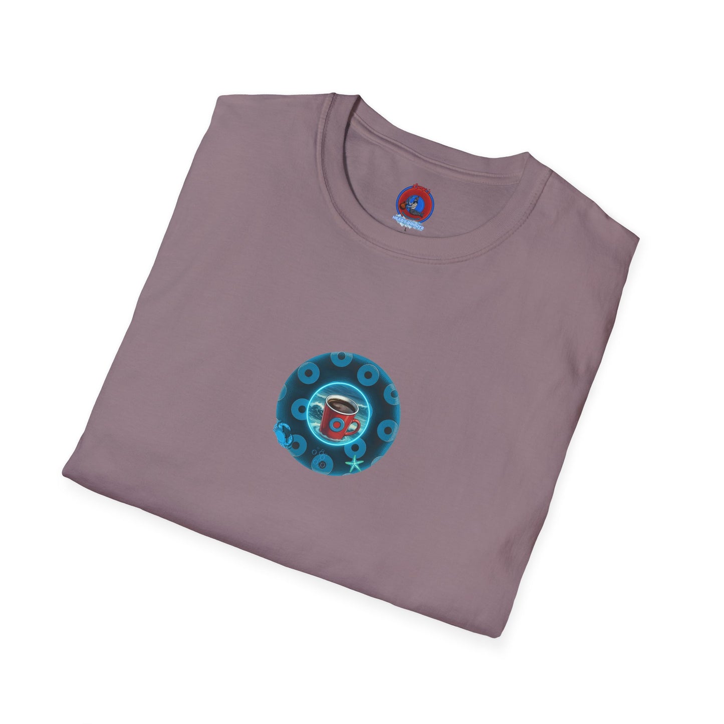 Lumpy Coffee Traders Tee - Unisex Soft-Style - "Good to Last Leaky Drop" - paradoxical donut - variant 2 - ocean donut front/logo back