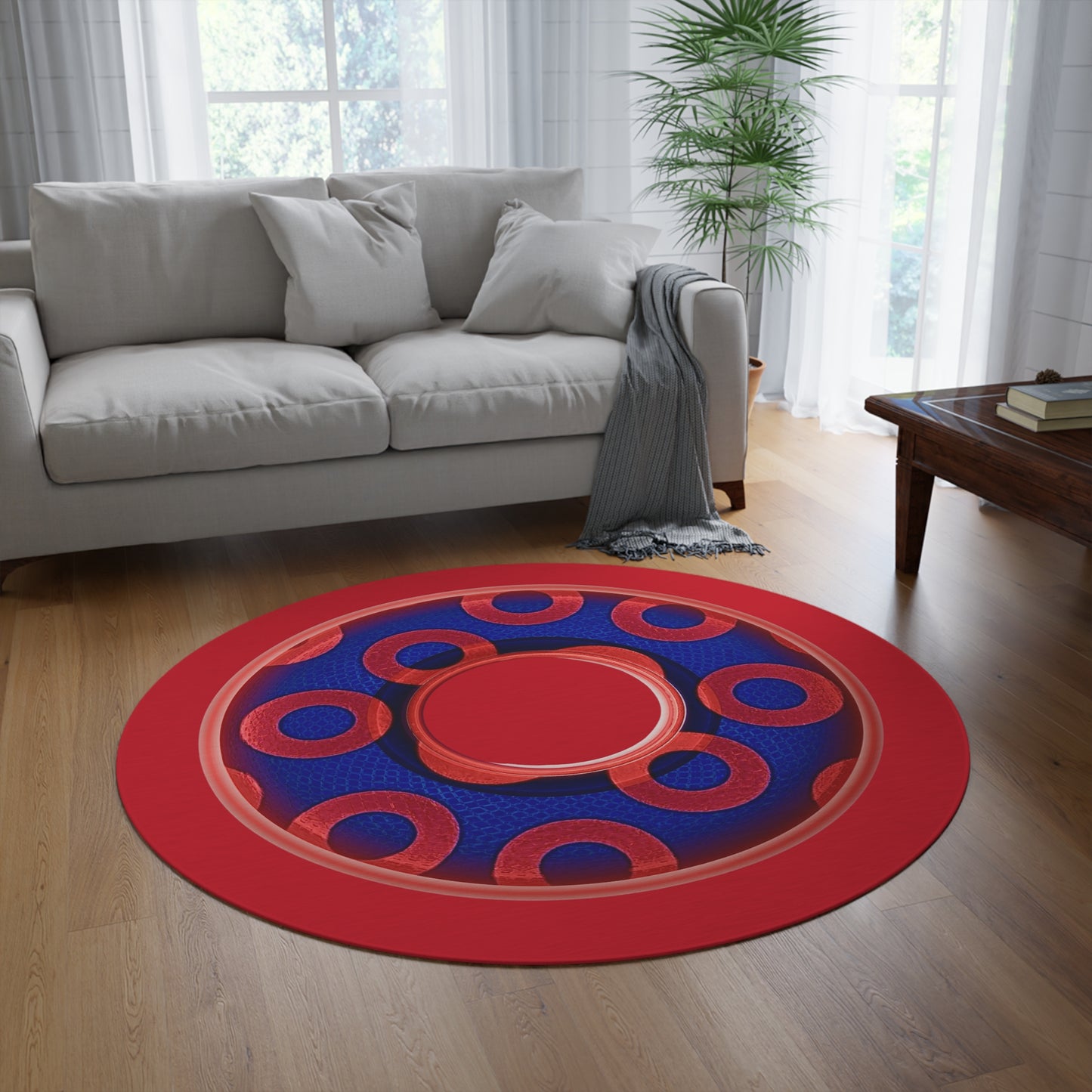 Round Room - 5 ft x 5 ft Lumpy Donut Rug - "Plain Donut" - rustic paradoxical red/blue donut w/hole & red background - variant 2