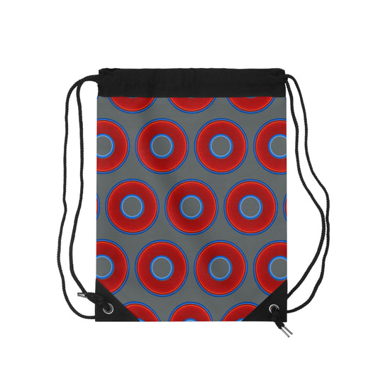 Lumpy Donut Drawstring Bag - red vivid donuts print w/dark gray background