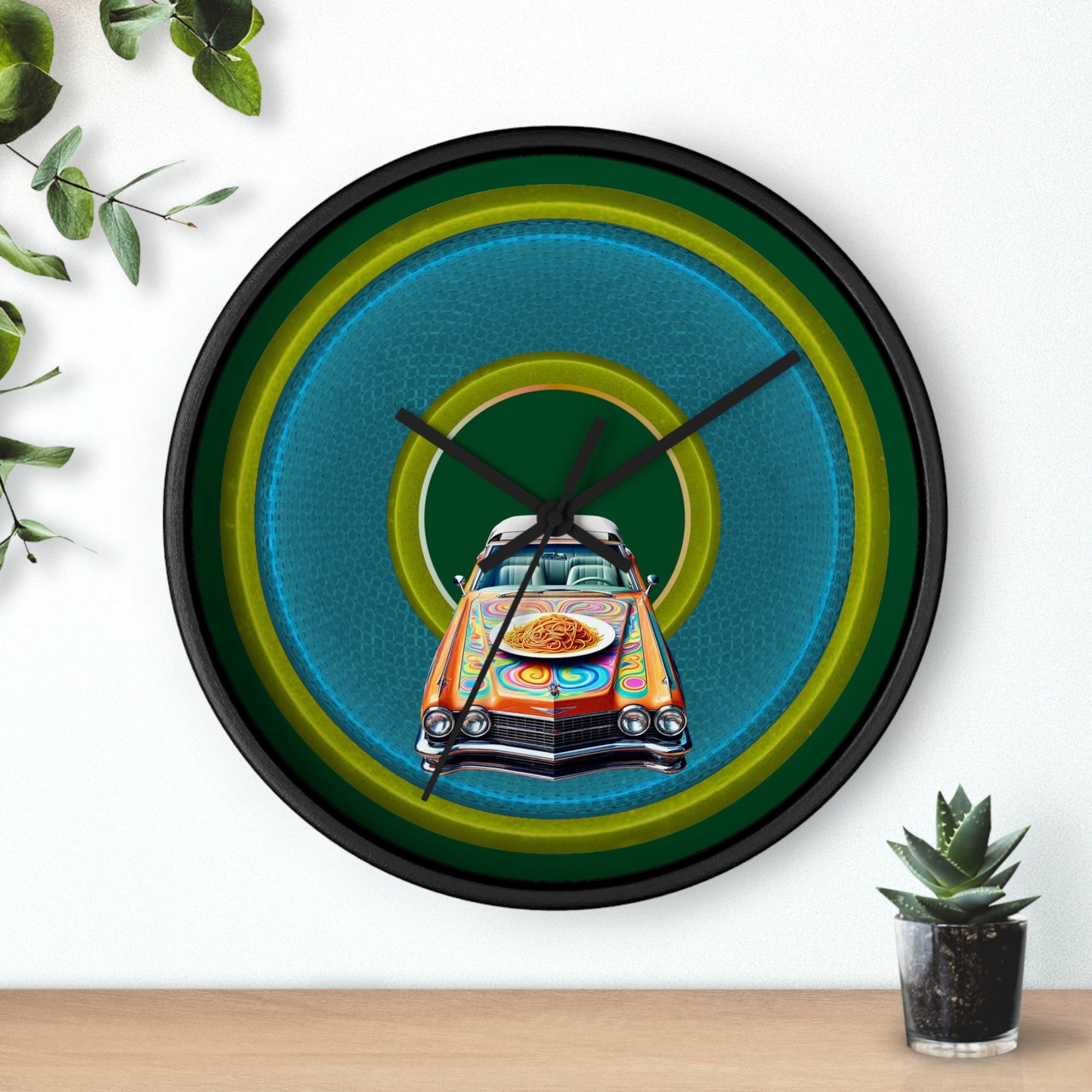 Lumpy Wall Clock - "Cadillac Rainbows & Eating on the Run" - variant 4 - rustic blue/green donut w/pond green background