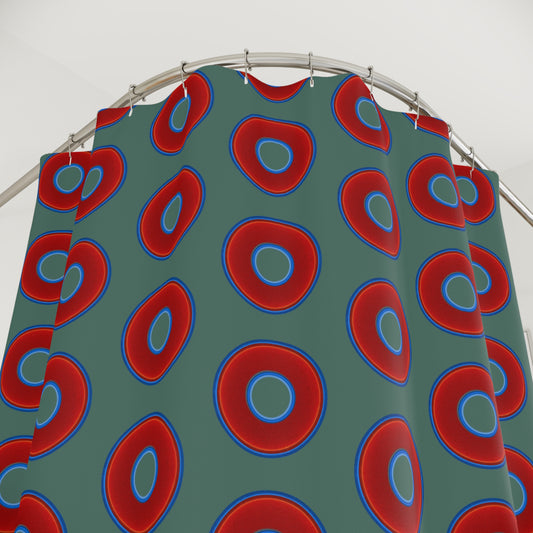 The Curtain With "Donuts" - Lumpy Bath Time Fun - vivid red donuts w/Fenway green background