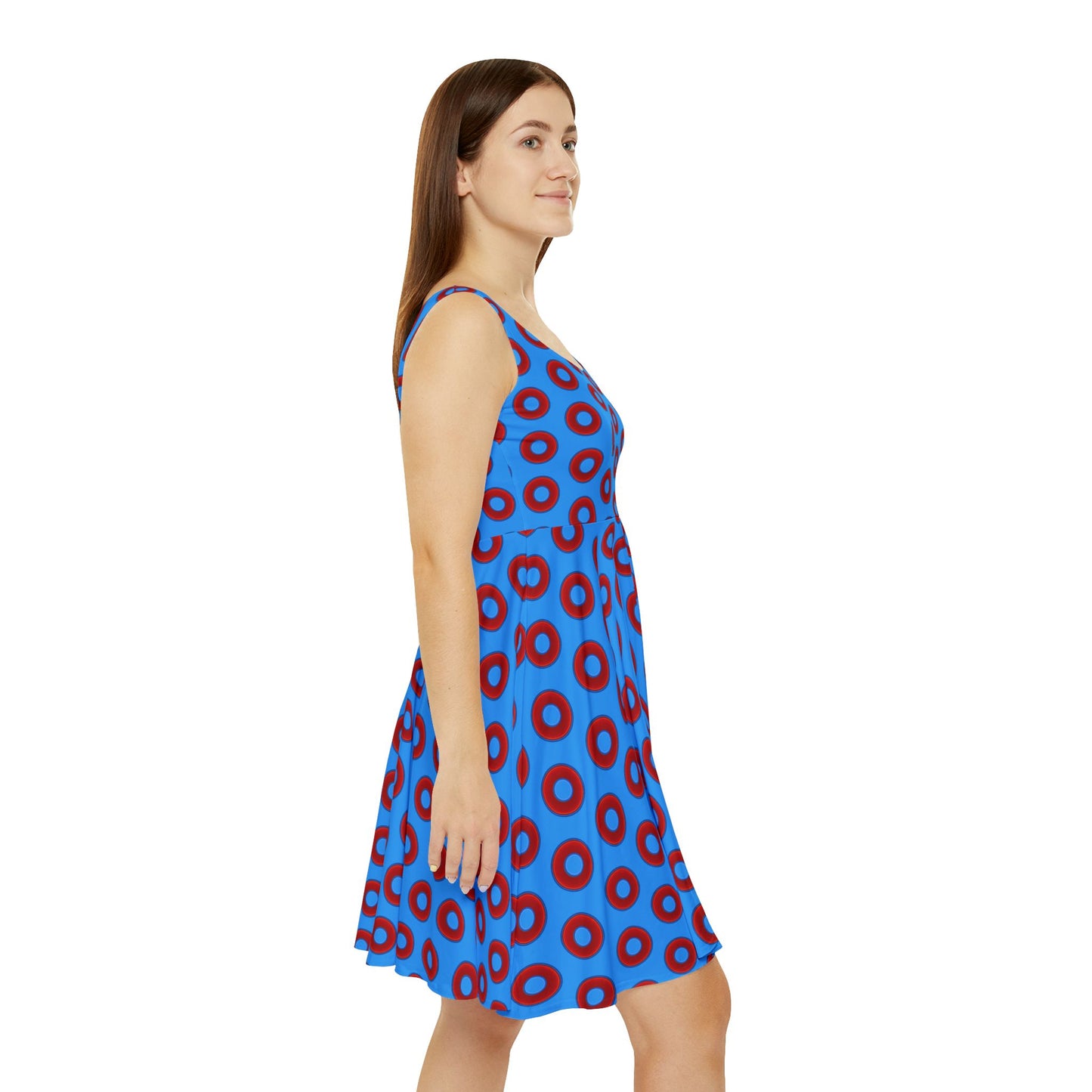 Women's Skater Donut Dress - vivid red donut print w/sky royal blue background