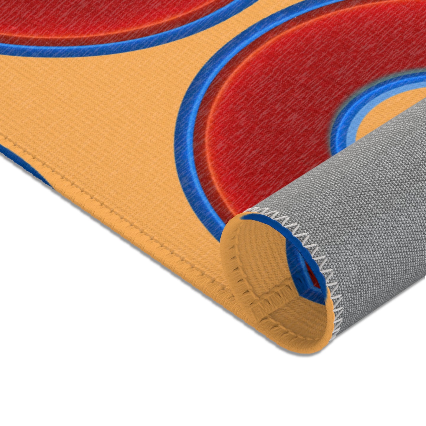 Lumpy Donut Print Rug - choice of 3 sizes - vivid red donut print w/creamsicle orange background