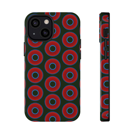 Impact-Resistant Lumpy Donut Case - red vivid donut print w/deep forest green background