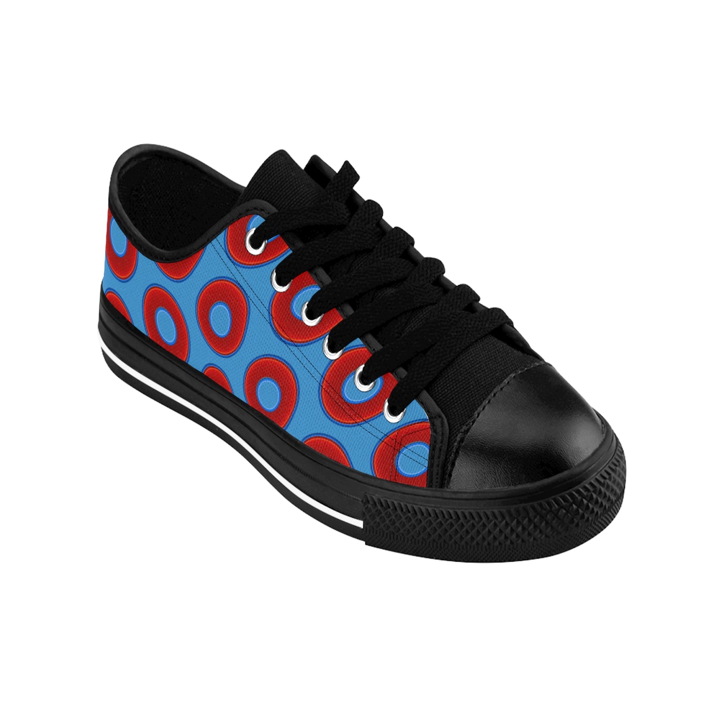 Women's Cushiony Convectors - Low Top - large red vivid donut print w/light steel blue background