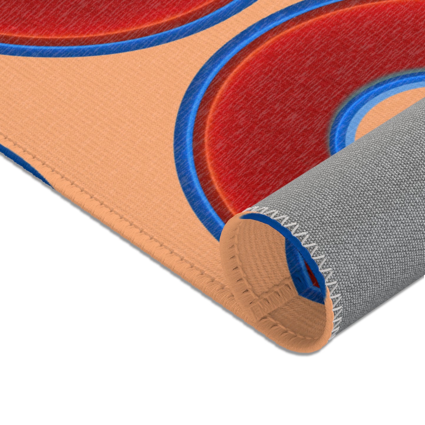 Lumpy Donut Print Rug - choice of 3 sizes - vivid red donut print w/peach background