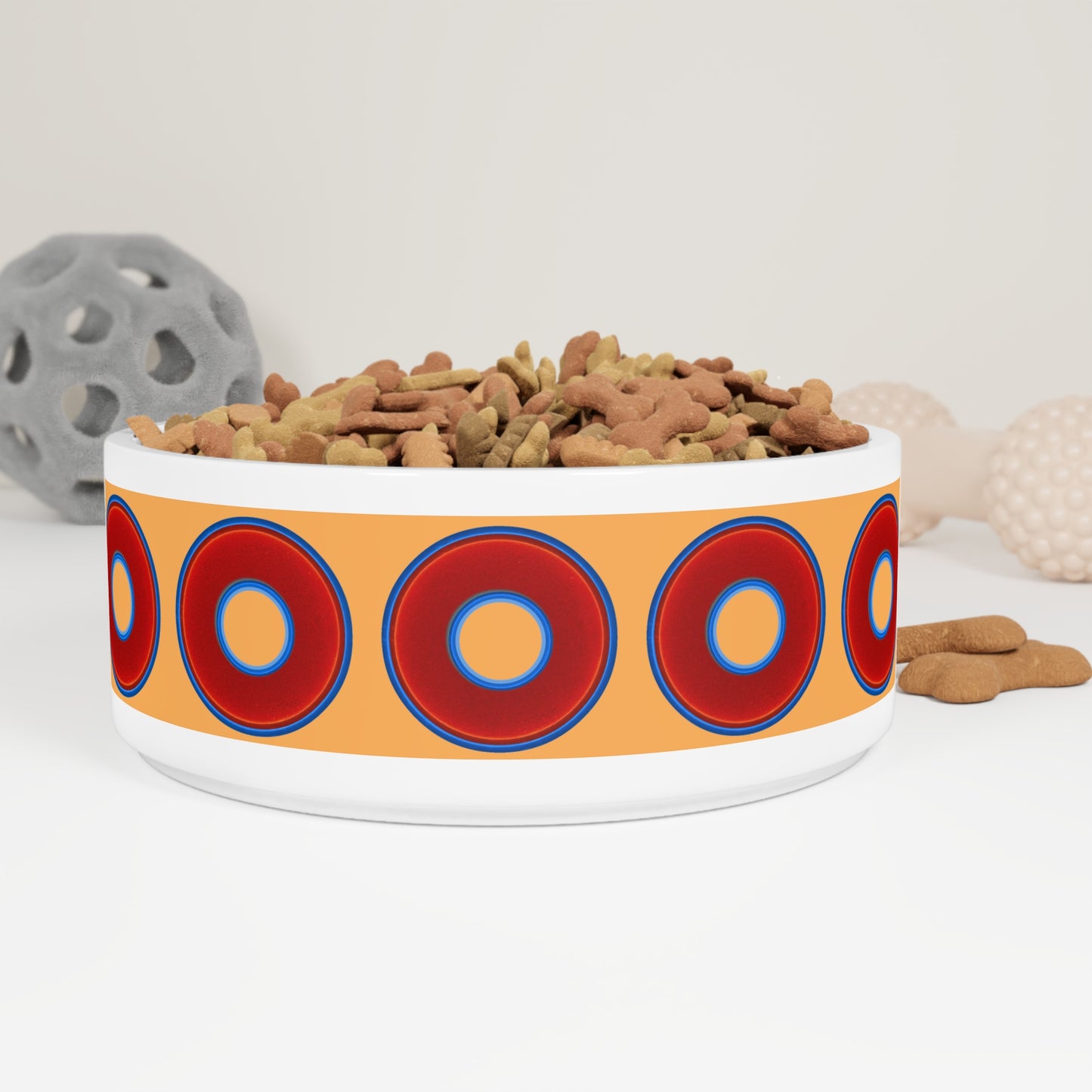 16 oz Lumpy Pet Bowl - vivid red donuts w/creamsicle orange background