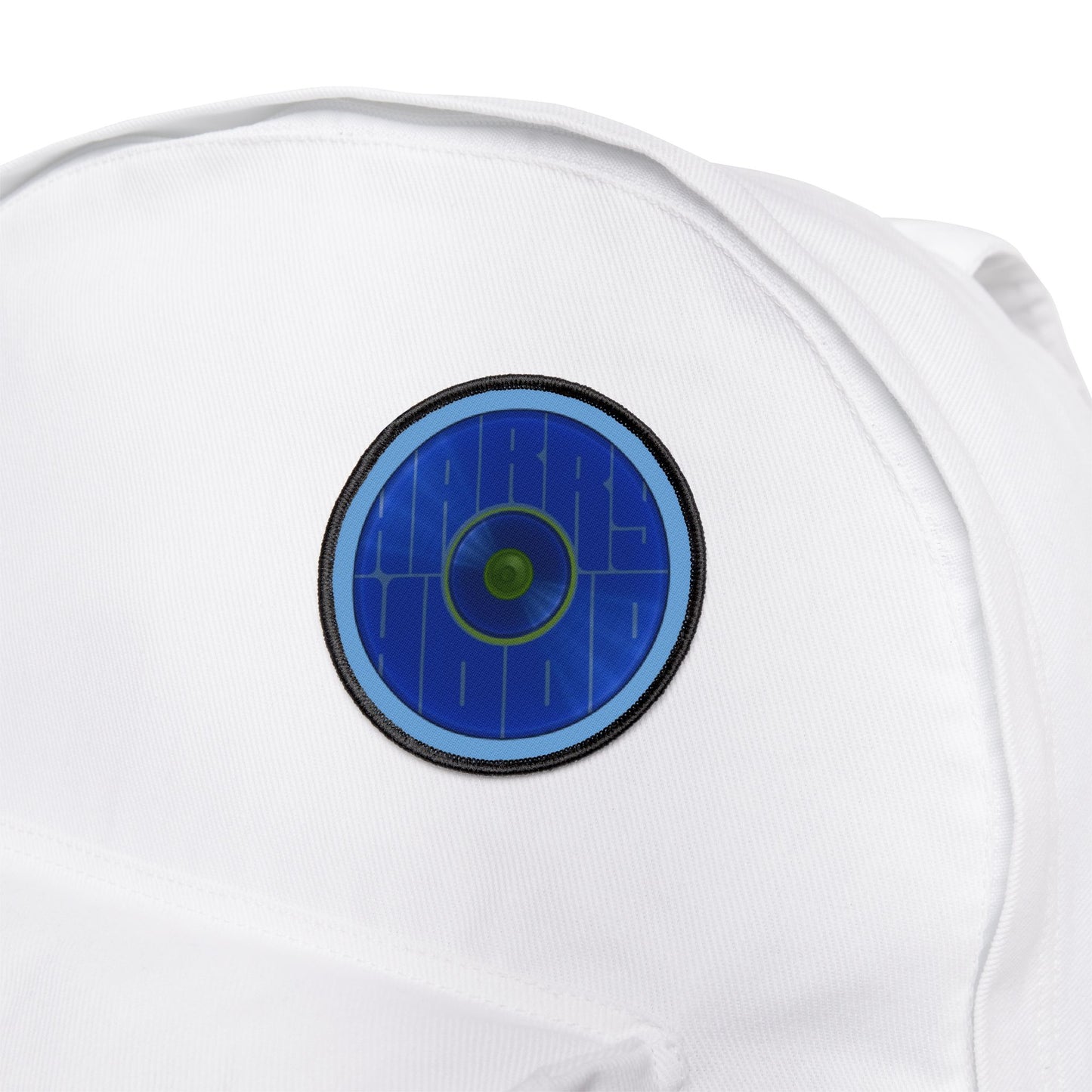 Iron-On Donut Patch - "Harry Hoodlum Donut Patch" - vivid blue word donut - variant 5