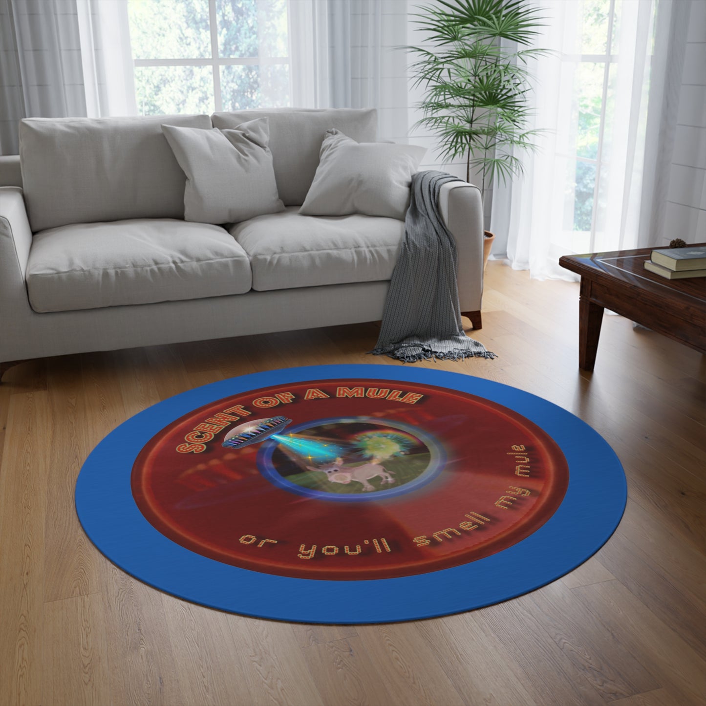 Round Room - 5 ft x 5 ft Lumpy Donut Rug - "Donut Rugs? In Tomahawk County?" - vivid red donut w/dark royal blue background - variant 4