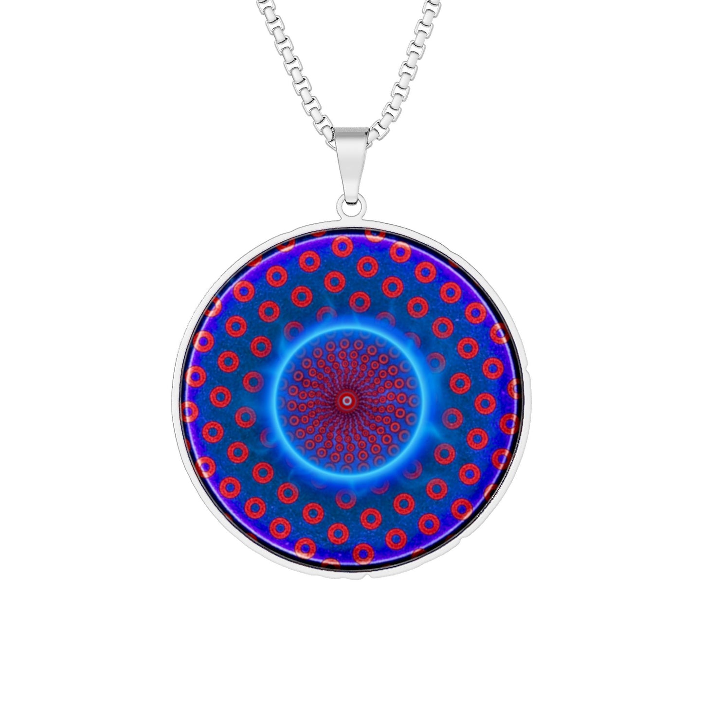 Lump's Heady Donut Necklace - 1" x 1" Stainless Steel Pendant - "Split Open Donut Melt Pendant" - blue/red electric paradox donut - variant 1