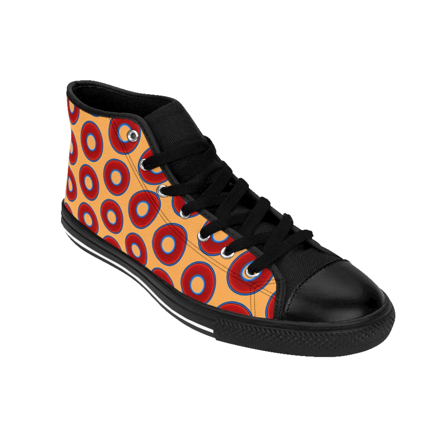 Men's Cushiony Convectors - High Tops - red vivid donuts w/creamsicle orange background