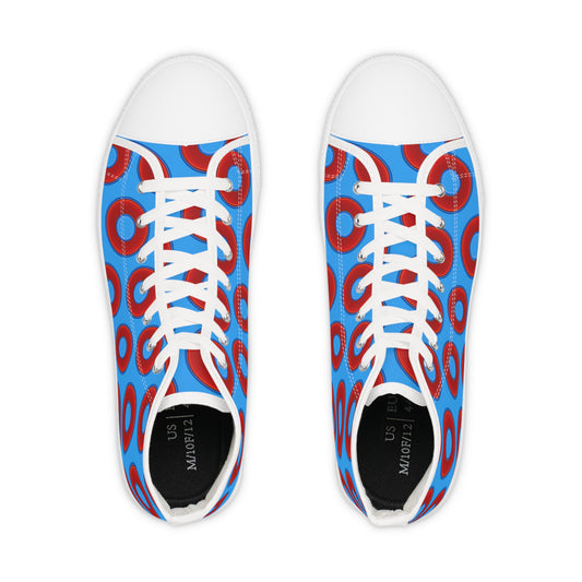 Men's High Top Chucks - large vivid red donut print w/sky royal blue background