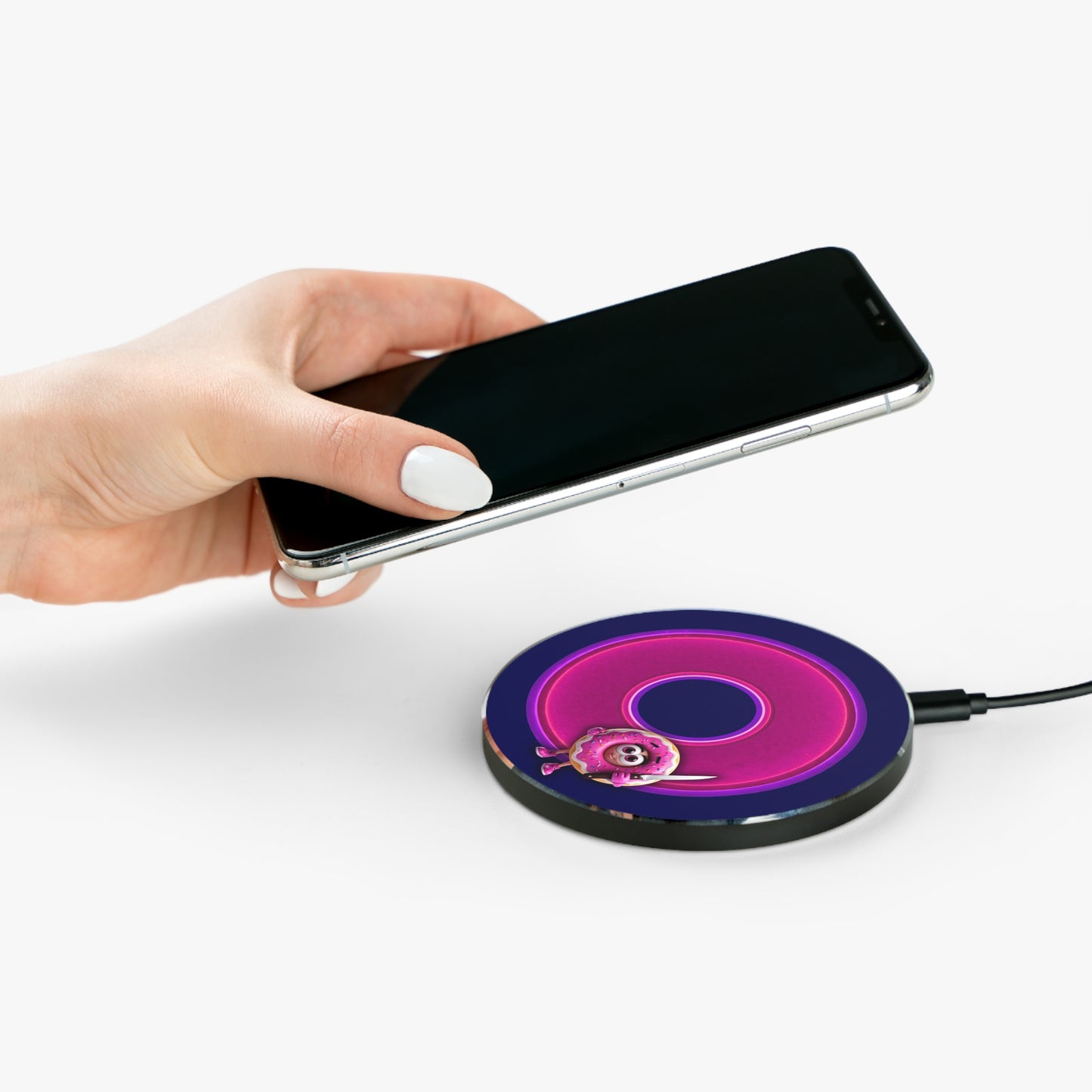 The Flow - Wireless Lumpy Donut Chargers - "My Phreind the Wireless Donut Charger" - vivid magenta donut w/navy background - variant 3