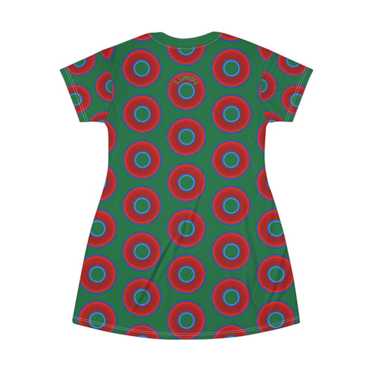 Not a Muumuu AOP Tee Shirt Dress - red vivid donuts w/purple background