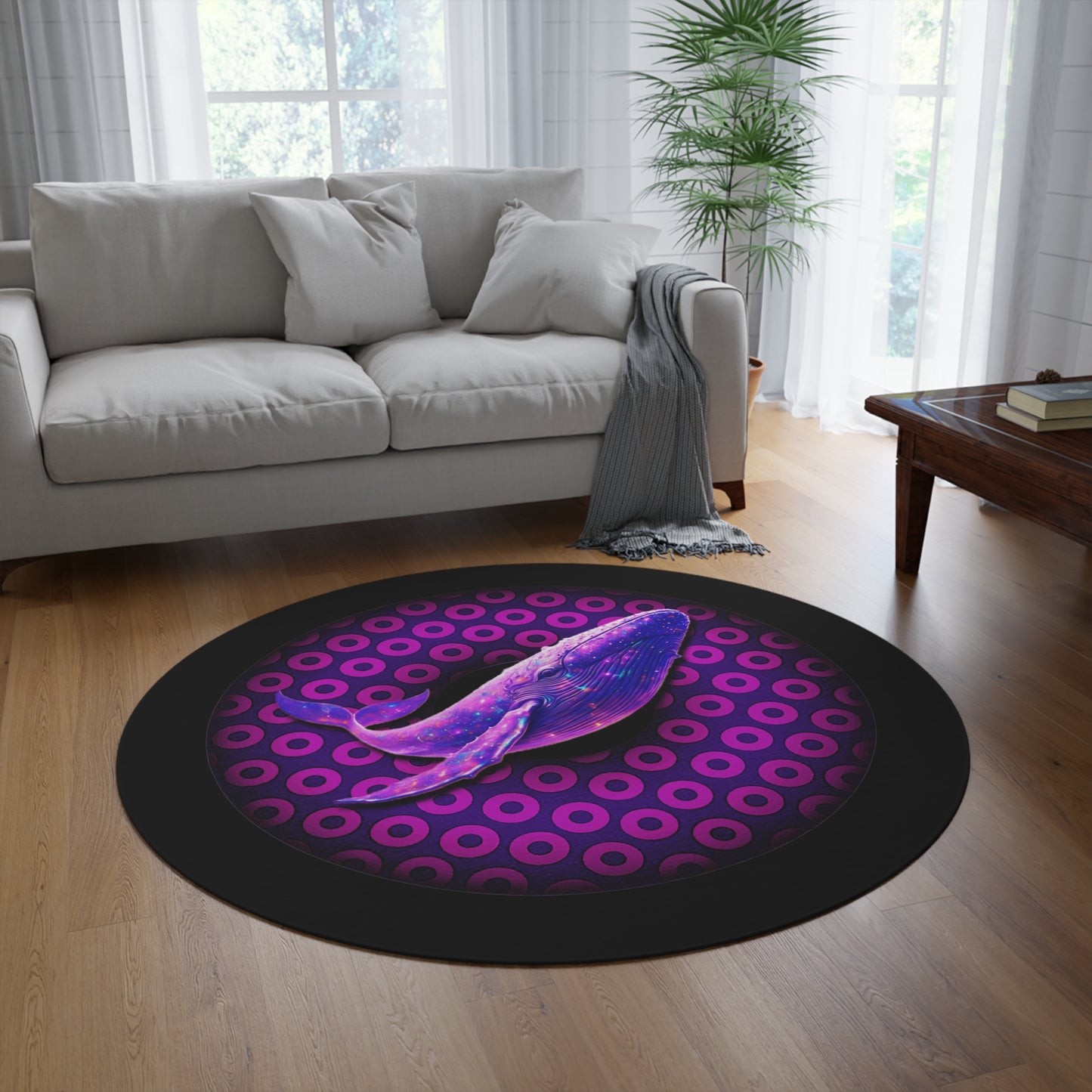 Round Room - 5 ft x 5 ft Lumpy Donut Rug - "Whale of a Big Donut Rug" - paradoxical purple/magenta donut w/black background - variant 1