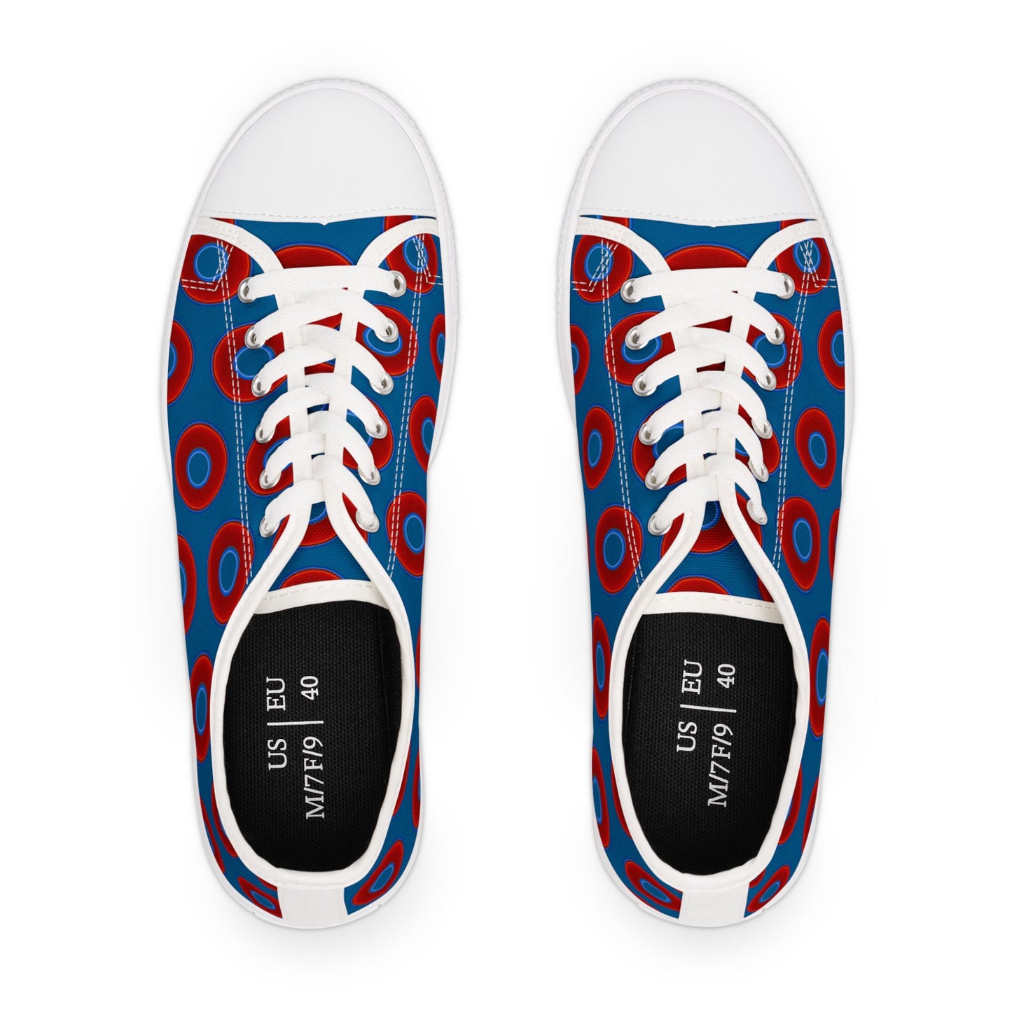 Women's - Low Top Chuck Taylors - large vivid red donut print w/wavy navy background