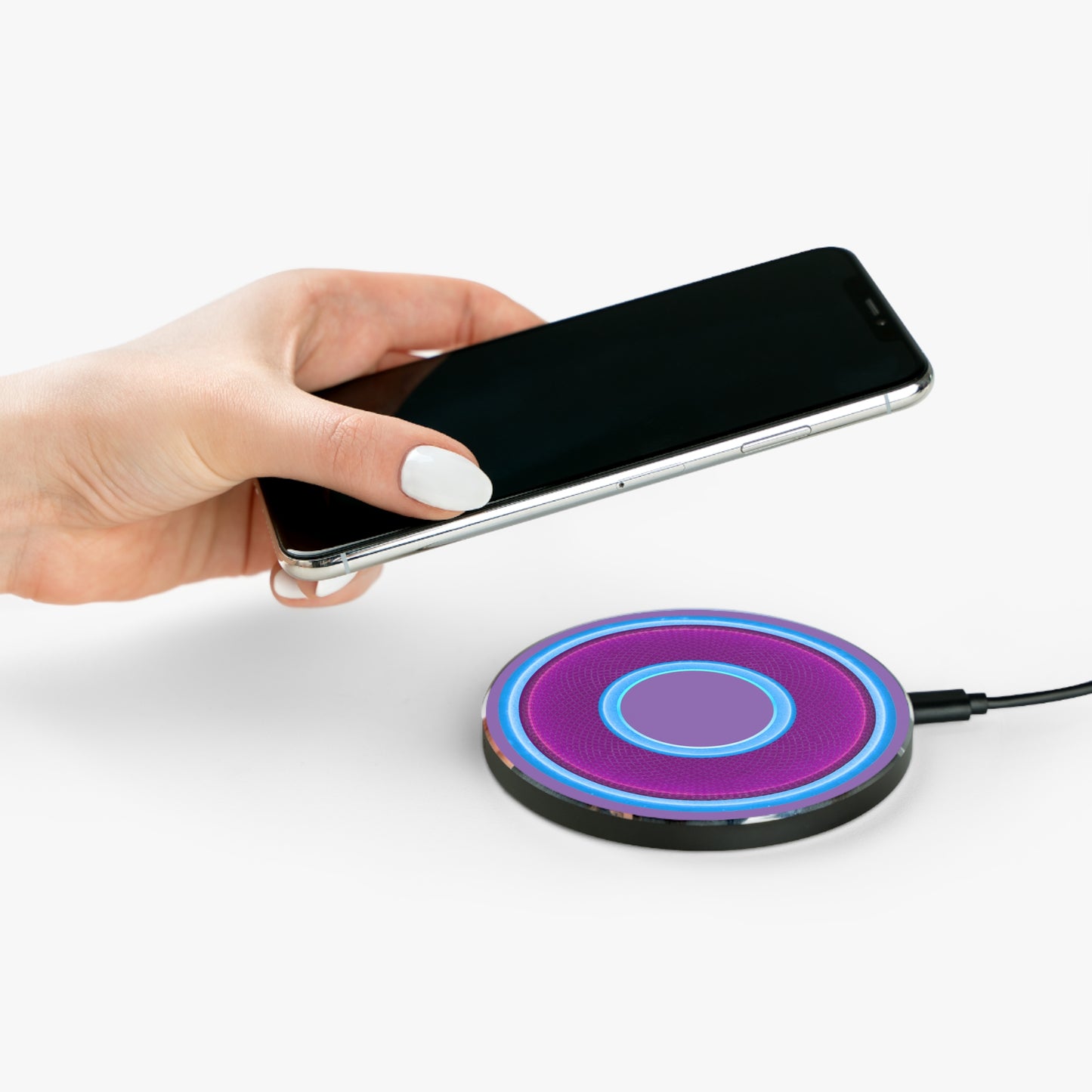 The Flow - Wireless Lumpy Donut Chargers - rustic purple/light blue donut w/light purple background