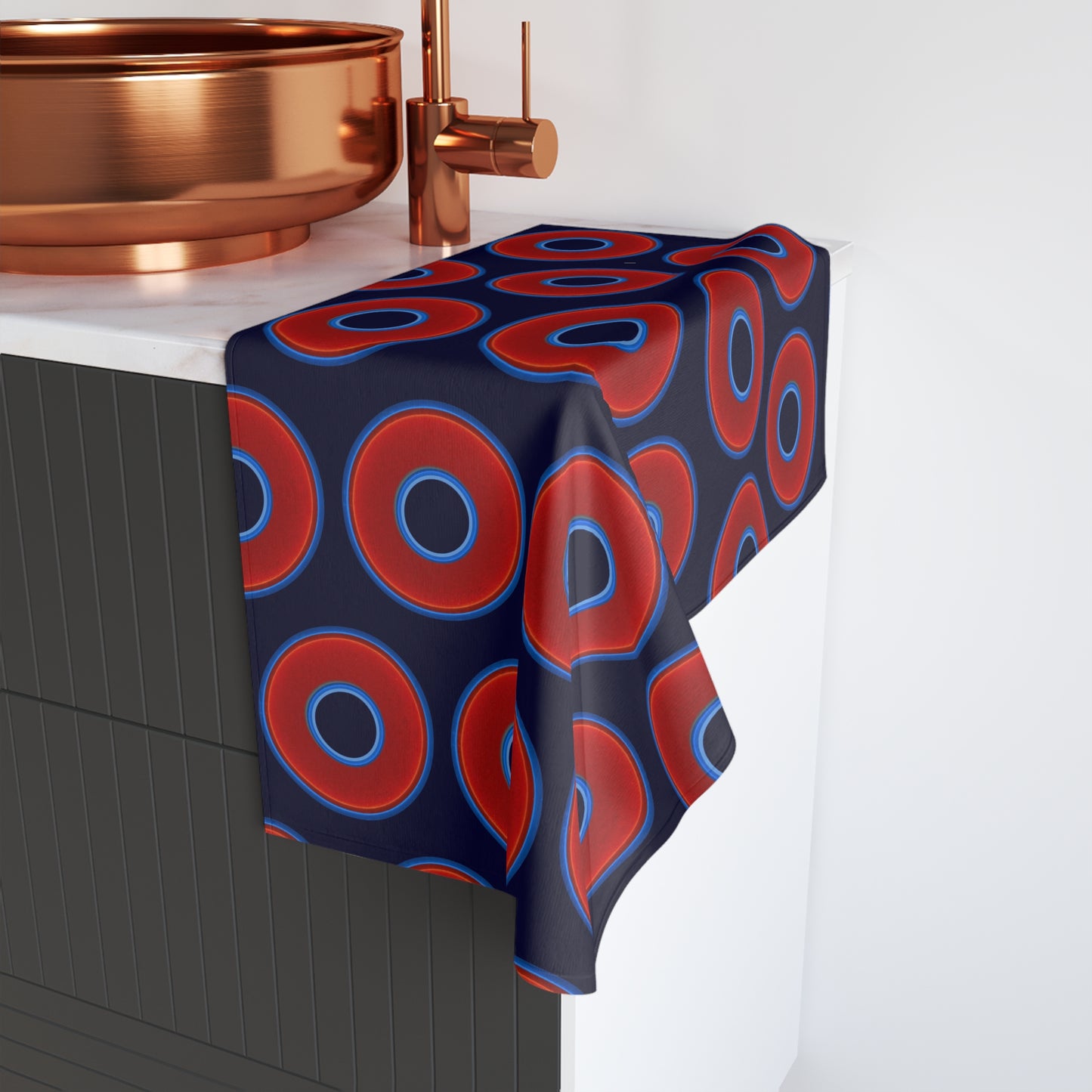 Lumpy Kitchen/Hand Towels - vivid red donuts w/midnight blue background