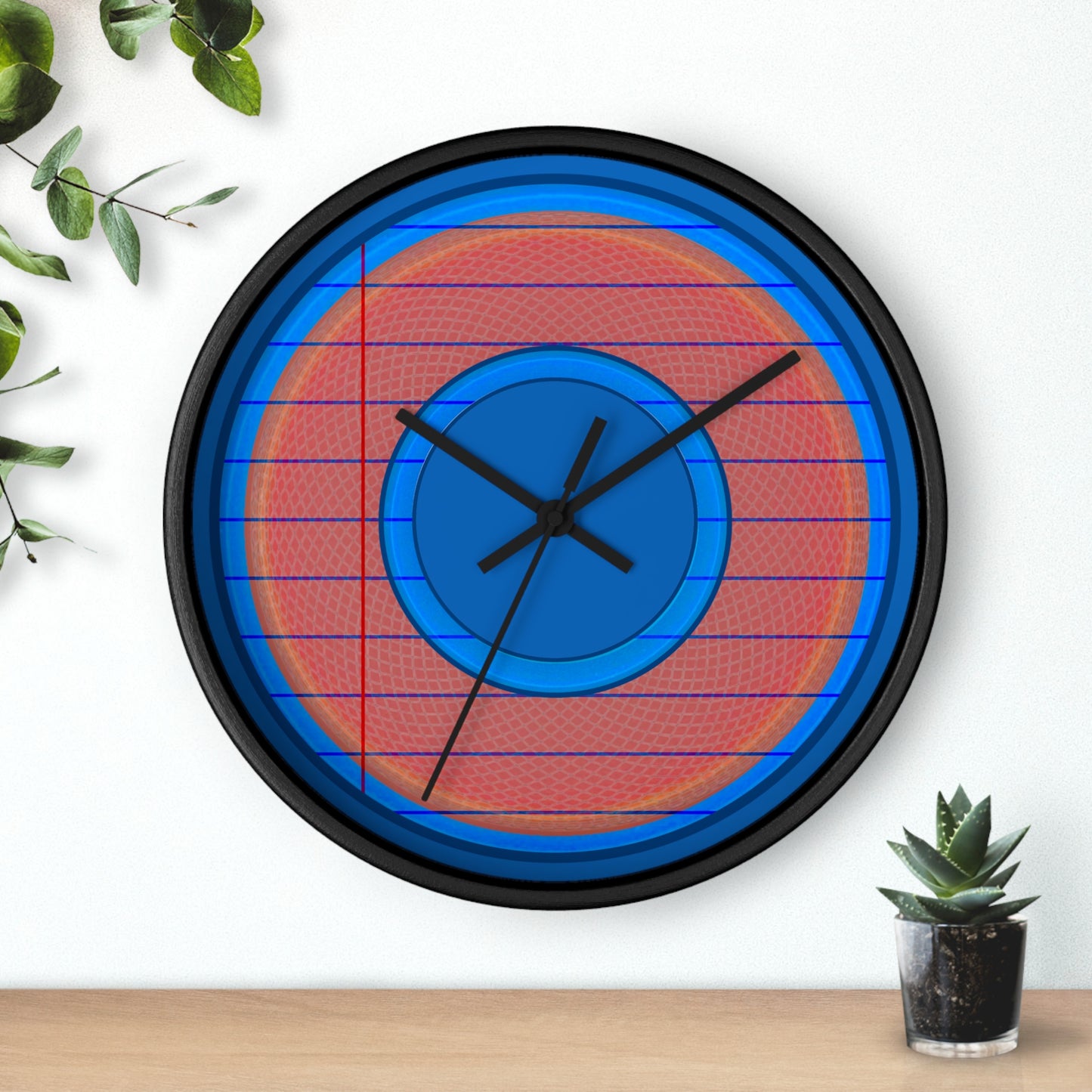 Lumpy Wall Clock - "Tasty Donut Clock" - variant 3 - rustic red donut w/lines/paper & dark navy blue background