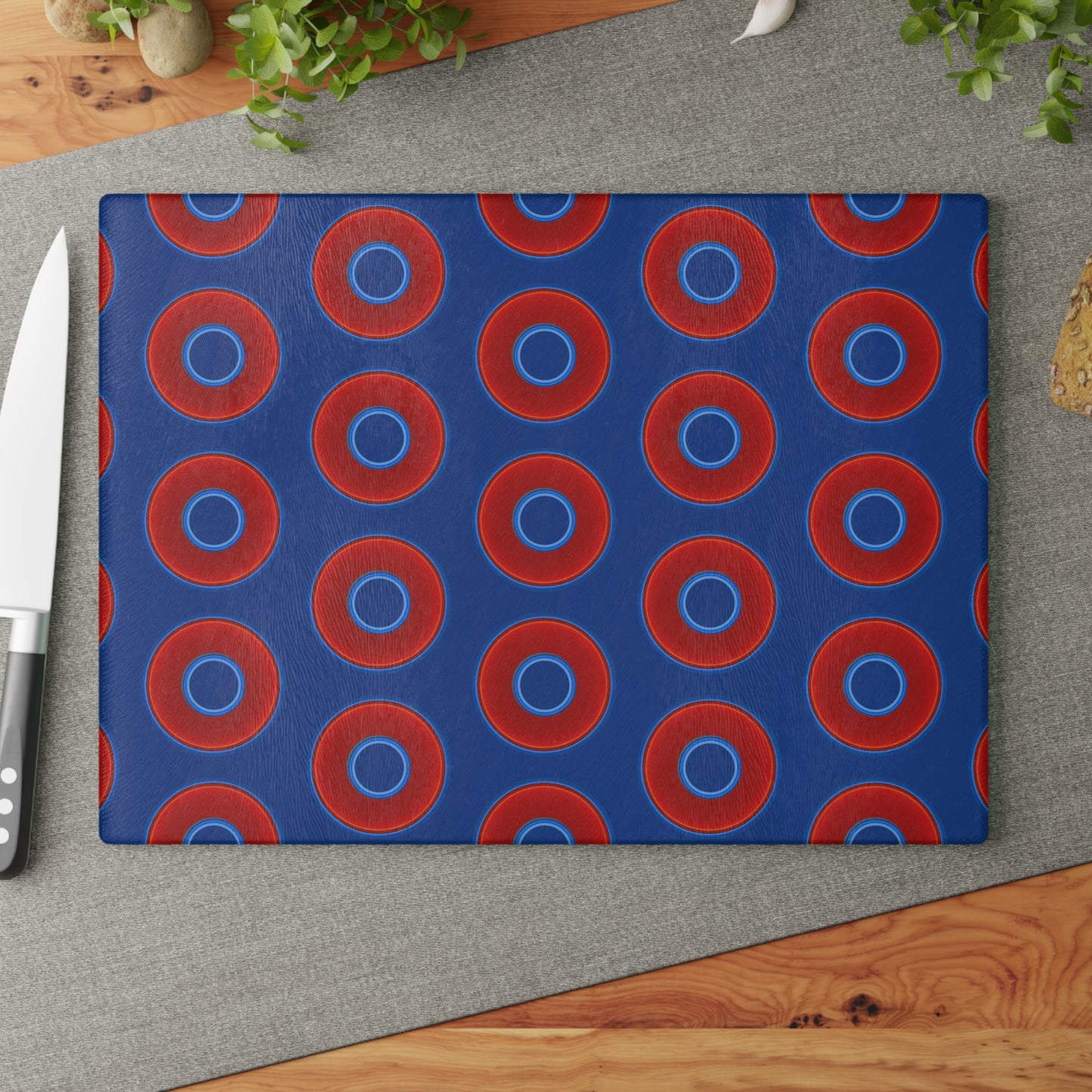 My Friend's Cutting Board - vivid red donuts w/dark blue background