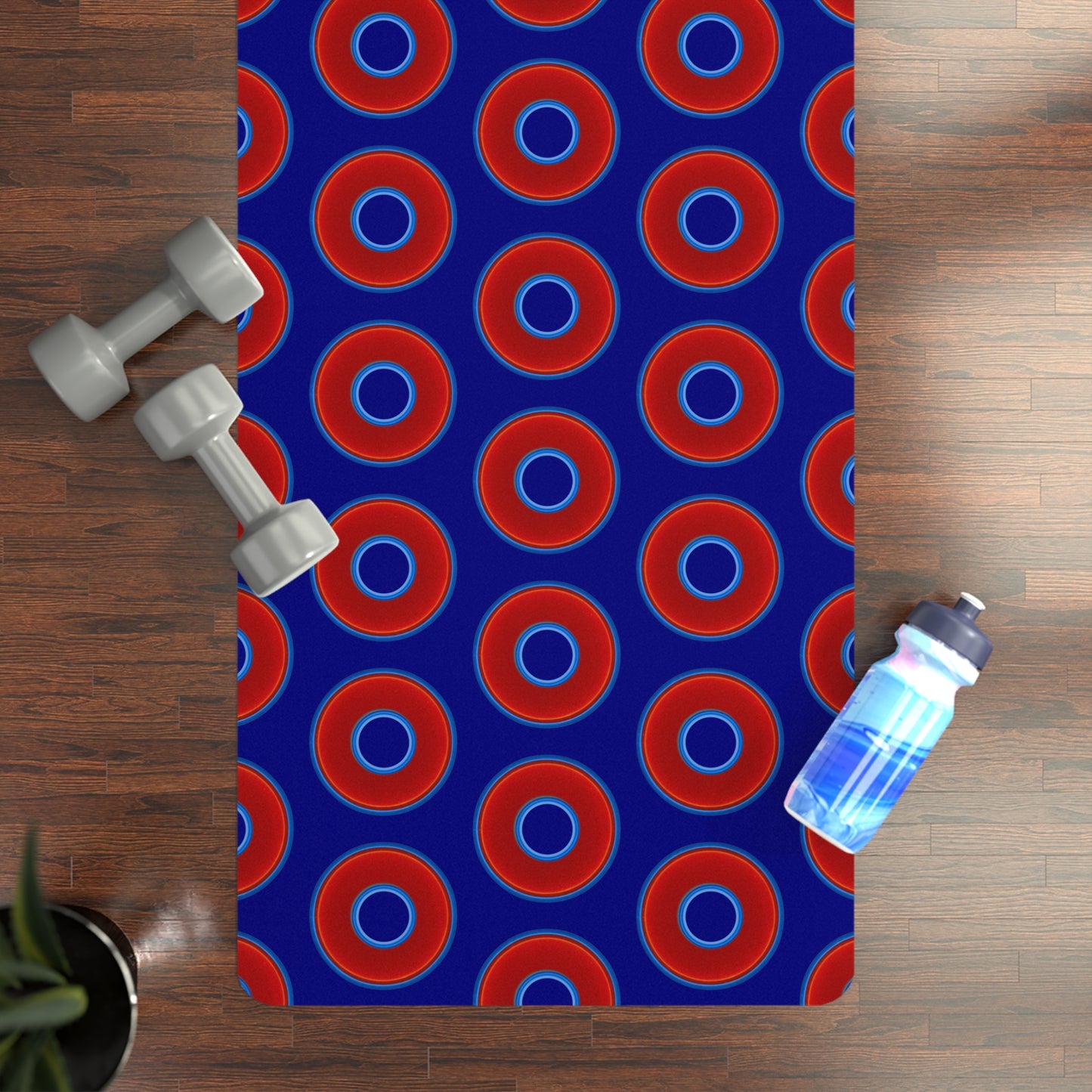 Lumpy Donut Yoga Mat :) - 24″ x 70" - vivid red donut print w/vivid navy blue background
