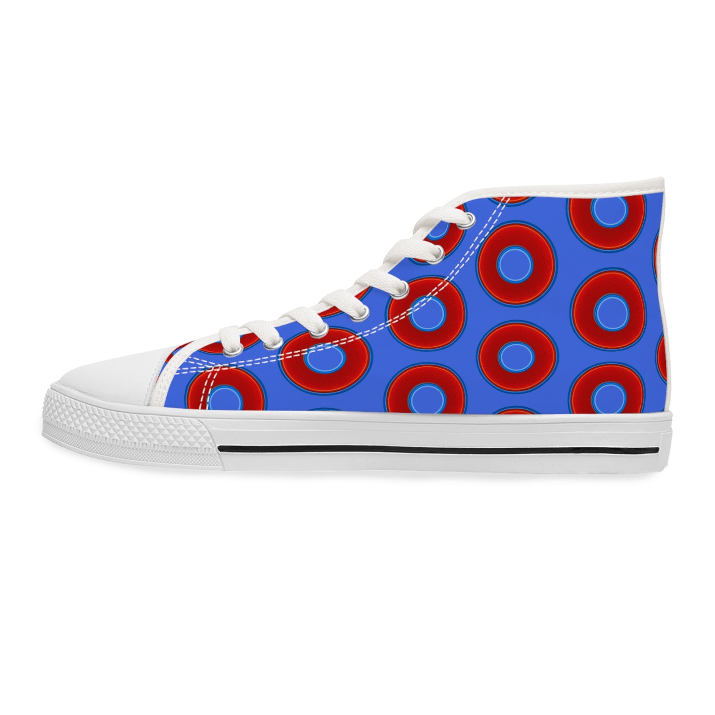 Women's High Top Chuck Taylors - large vivid red donut print w/royal blue background