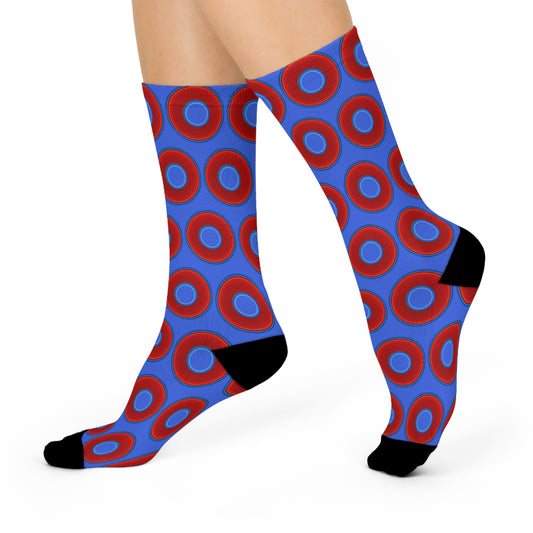 Lumpy Sox - cushioned crew - vivid red donut print w/royal blue background
