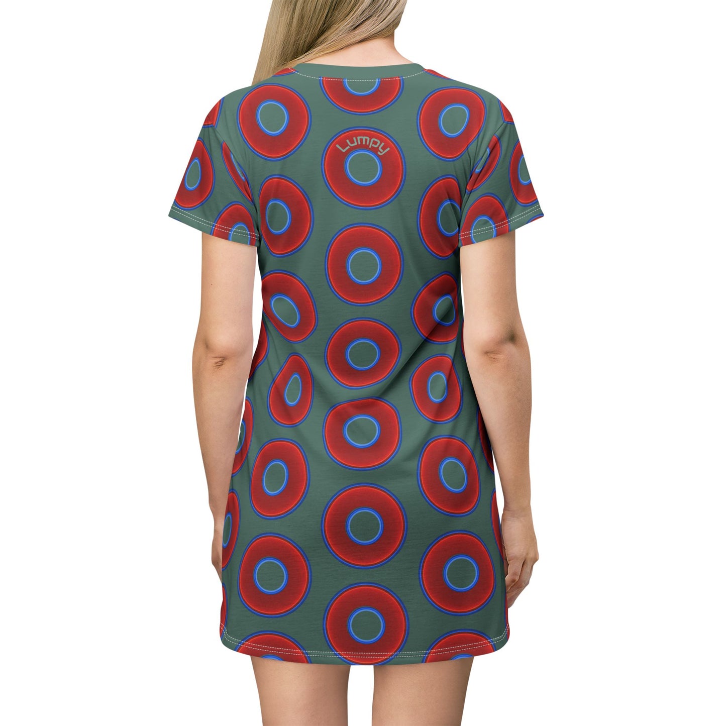 Not a Muumuu AOP Tee Shirt Dress - red vivid donuts w/light Fenway green background