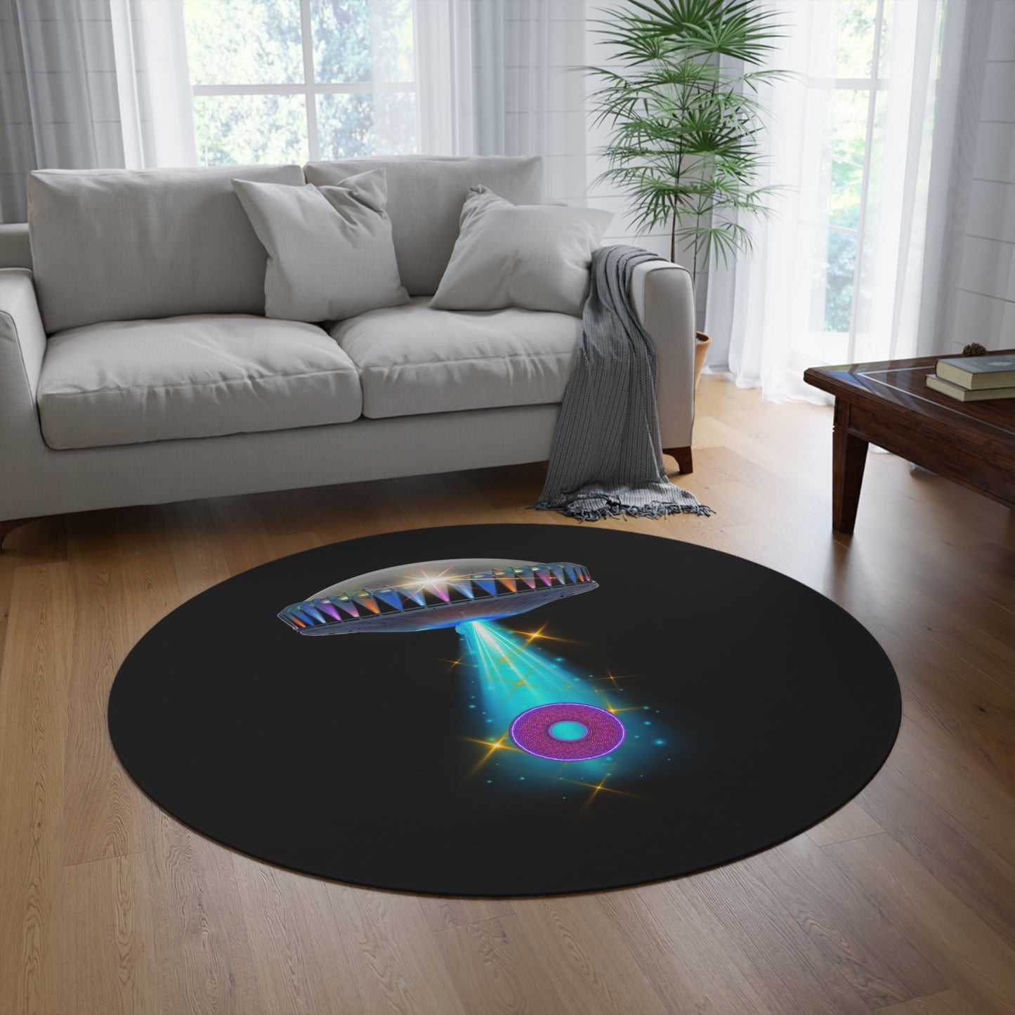 Round Room - 5 ft x 5 ft Lumpy Donut Rug - "They Have Rugs on the Mothership now" - mothership & donut w/black background - variant 2