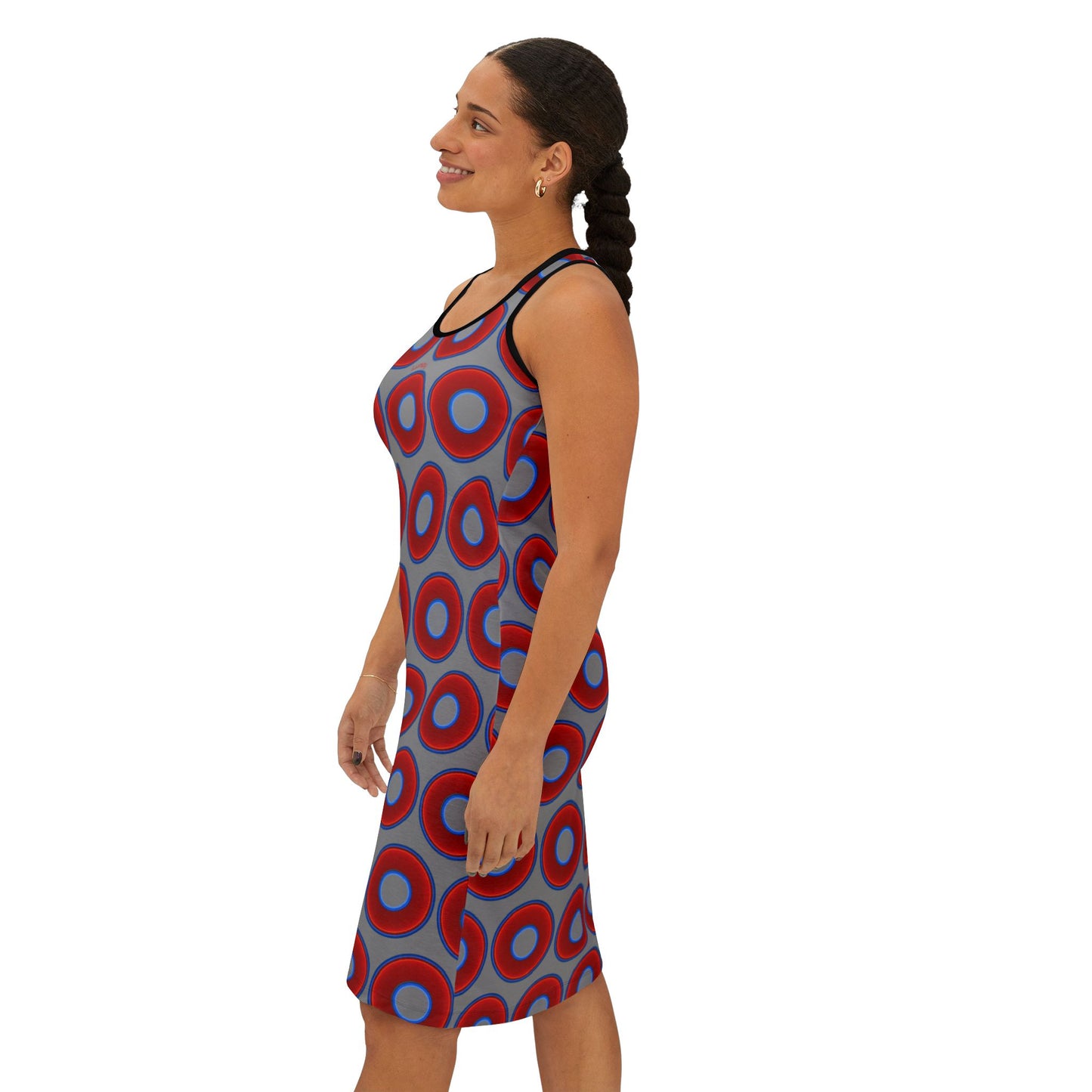 Tela's Lumpy Racerback Donut Dress - red vivid donut print w/gray background