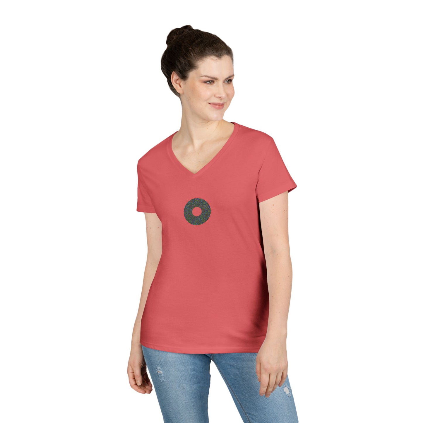 Women's Donut V-Neck Tee - "The Pixilated Donut" - multicolor pixel donut w/wide red outline