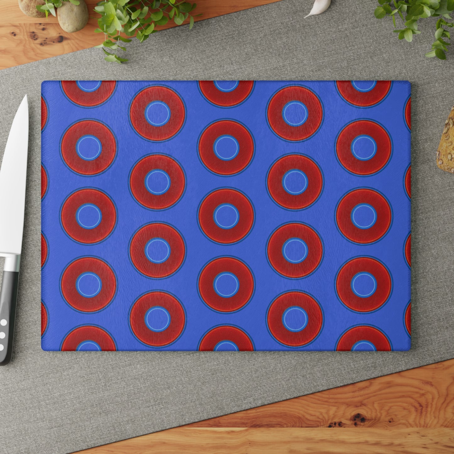 My Friend's Cutting Board - vivid red donuts w/royal blue background