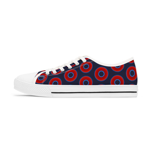 Women's - Low Top Chuck Taylors - large vivid red donut print w/Dark Navy Blue background