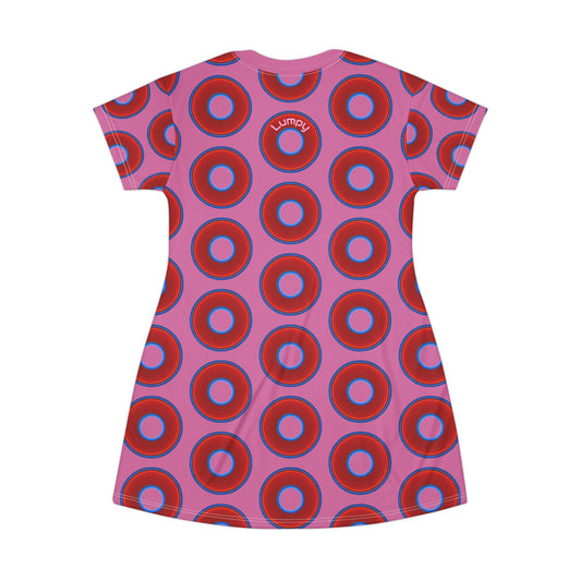 Not a Muumuu AOP Tee Shirt Dress - red vivid donuts w/pink background