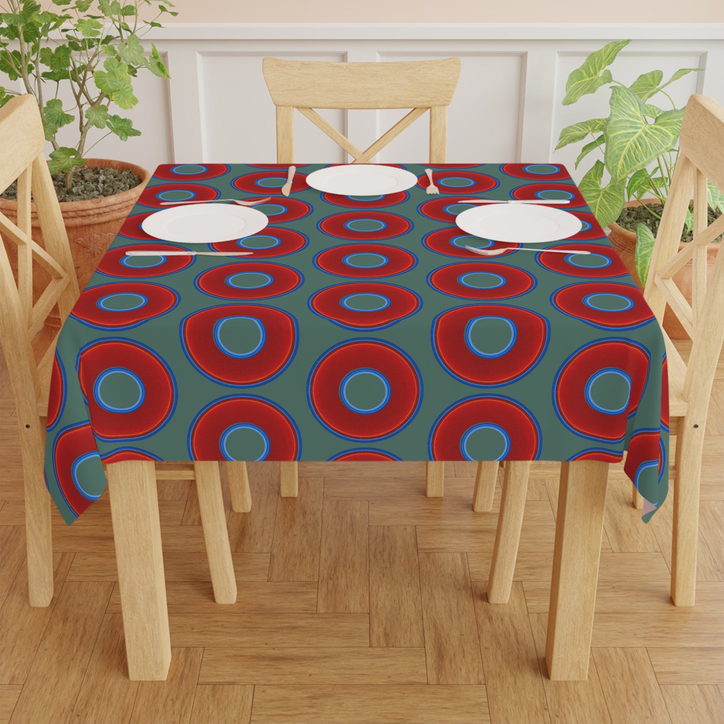 Lumpy Tablecloth - 55.1" x 55.1" - vivid red donuts w/Fenway green background