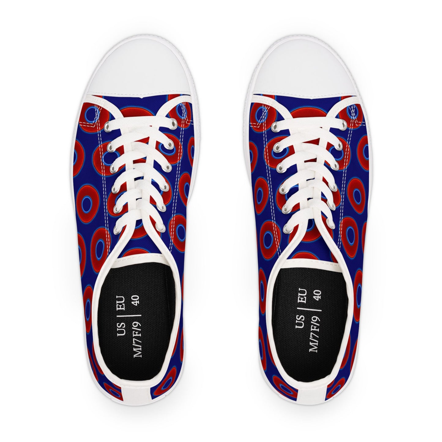 Women's - Low Top Chuck Taylors - large vivid red donut print w/vivid navy blue background