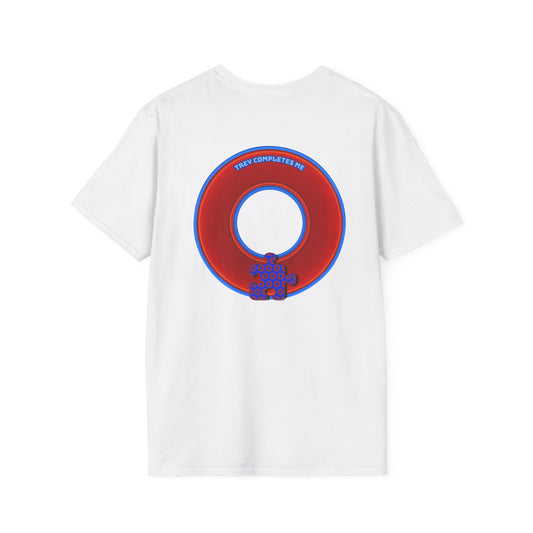 Classic Donut Tee - Unisex Soft-Style - "Trey's Completed Donut" - vivid red/blue donut