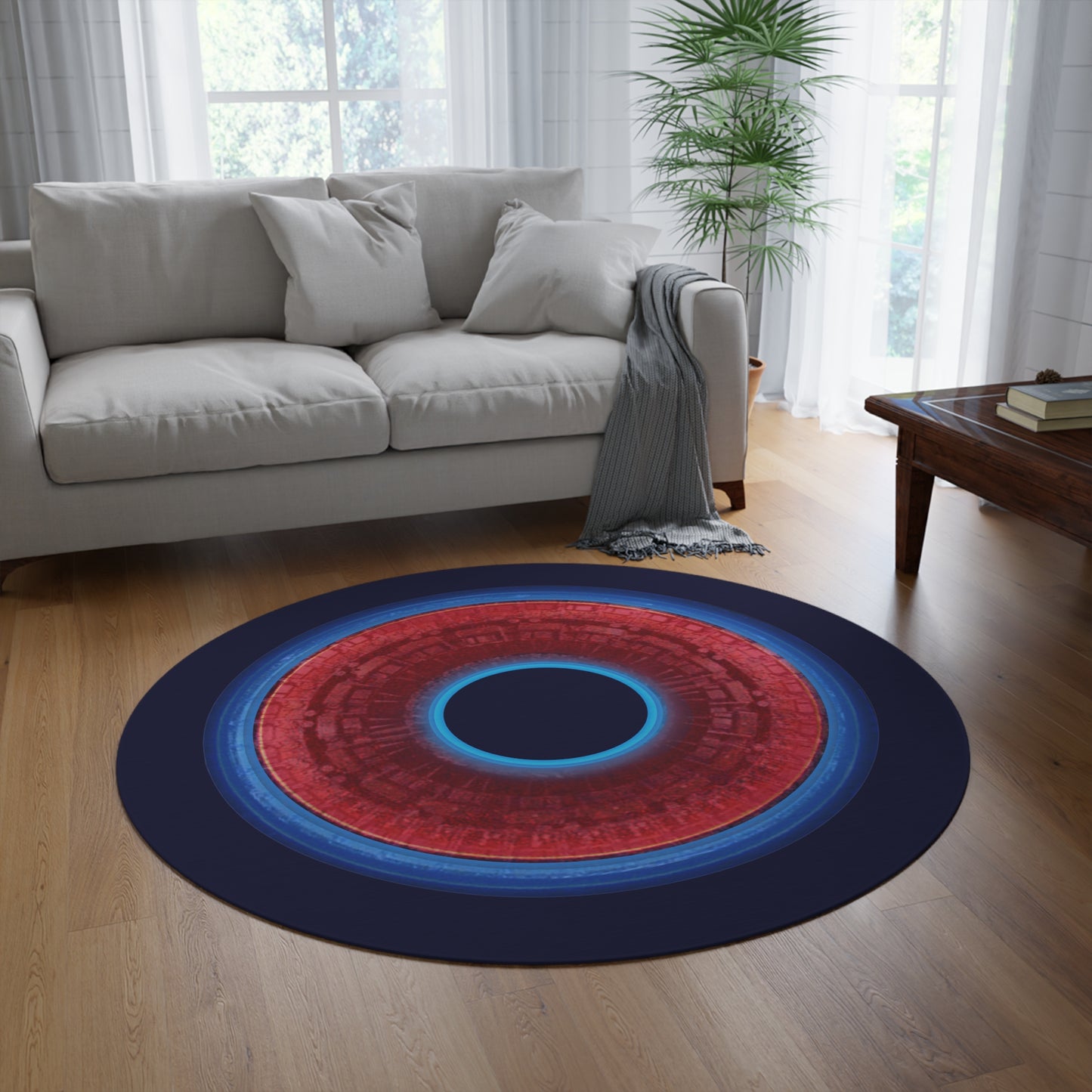 Round Room - 5 ft x 5 ft Lumpy Donut Rug - "Homer's The Perfect Donut Rug" - vivid red/blue tube donut w/dark navy background - variant 3