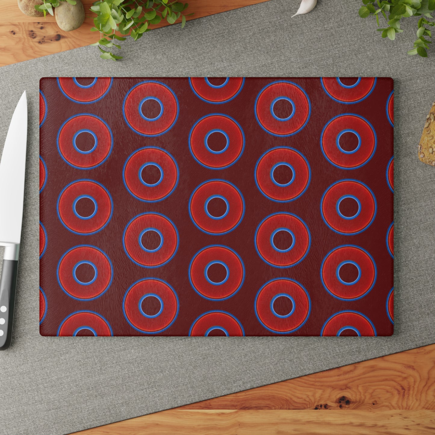 My Friend's Cutting Board - vivid red donuts w/dark red background